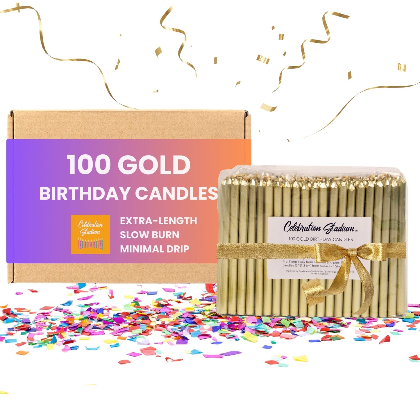 100 Gold Birthday Candles, perfect fit in all Celebration Stadiums. Extra-length, slow burning, minimal drips. Beautiful warm gold color. Exclusively made for us.