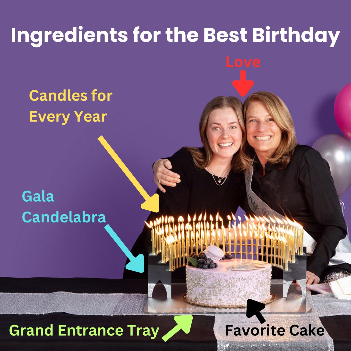 The ingredients for a wonderful birthday celebration are the Grand Entrance Tray, Gala Silver Candelabra from Celebration Stadium, birthday candles for every year, your favorite cake, and of course, love. It may become your new birthday tradition.