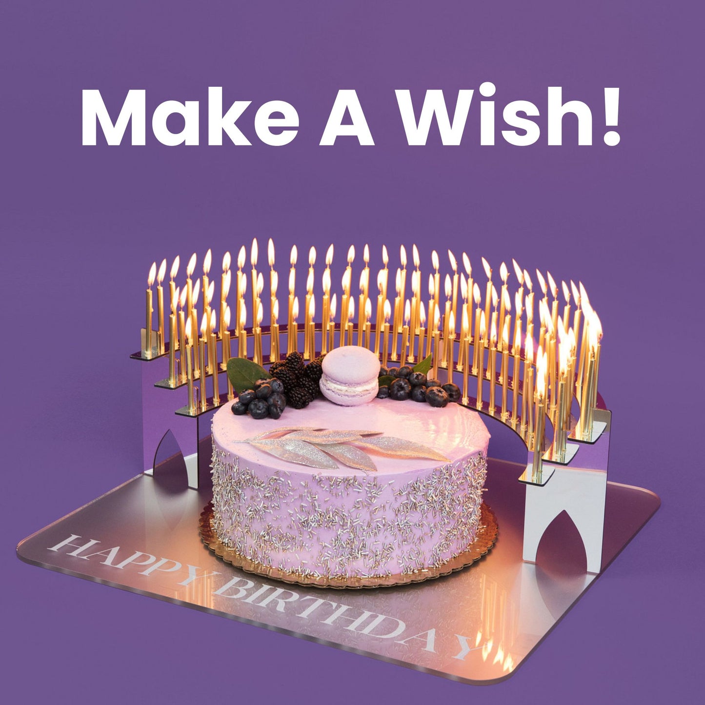 Viewed from every angle, the silver Grand Entrance Tray with the Silver Mirror Candelabra lit with up to 110 birthday candles makes a remarkable site. Your birthday boy or girl will recall those wonderful childhood memories to make a wish and blow out the candles.
