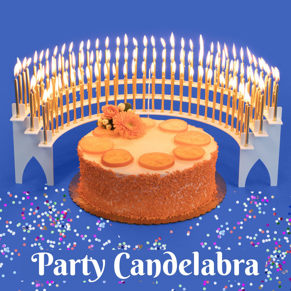 White, solid aluminum Birthday Candle Holder for up to 100 candles. Flame-proof, beautifully-designed, precision-manufactured, this lasts-a-lifetime product is sure to be the highlight of every birthday party!