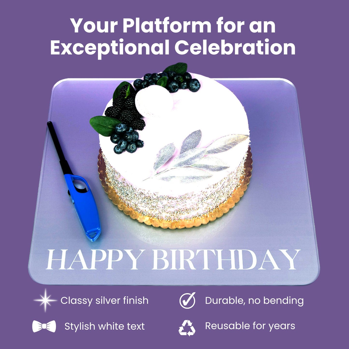 The Gala Birthday Cake Tray is a centerpiece-worthy platform for your party tablescape. Classy silver with elegant white "Happy Birthday" text. It is durable, won't bend, and reusable for years of celebrations