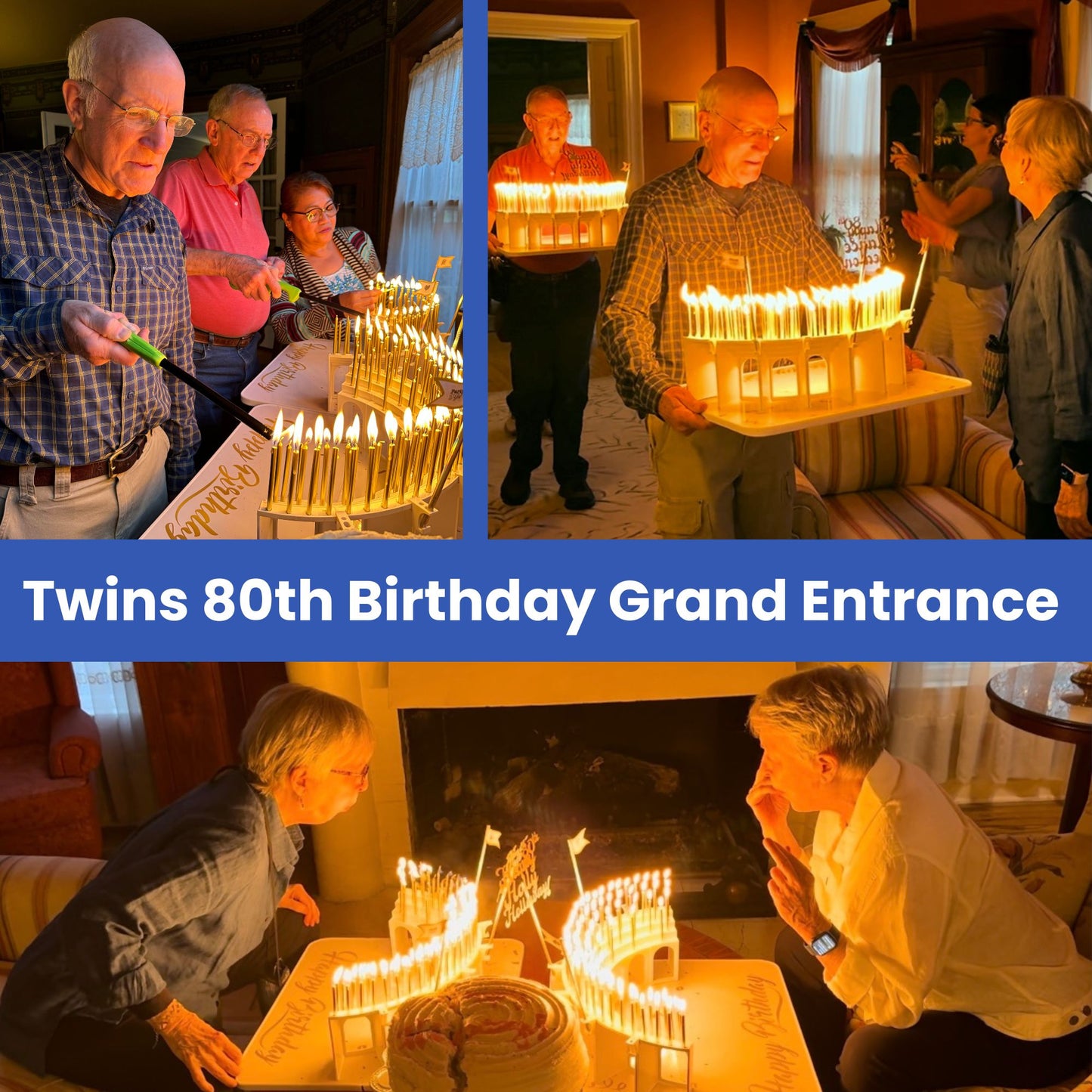 Twin sisters' 80th birthday celebration with two Grand Entrance Trays and Birthday Grandstand Candle Holders. The highlight moment and a magical memory for the entire family.