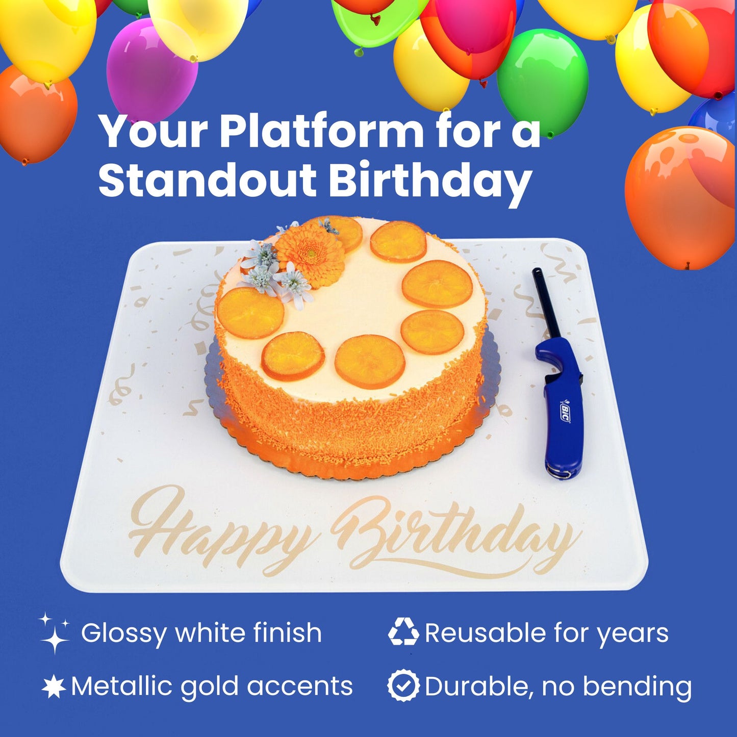 The Grand Entrance Tray is a platform for your birthday centerpiece. Beautiful glossy white finish with metallic gold accents goes with any decor. Reusable for years of celebrations. Extremely durable, will not bend when carrying your cake and decorations.