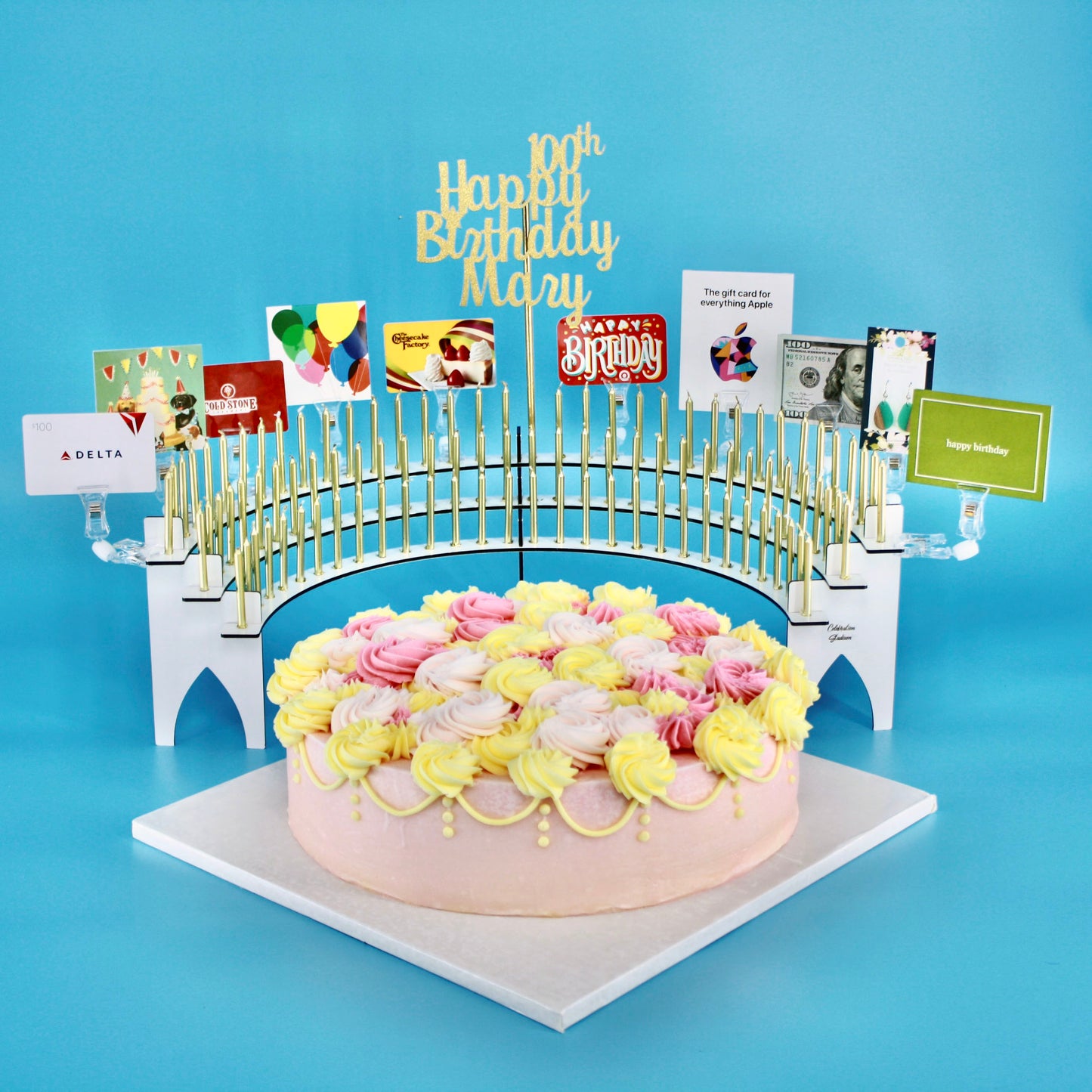 Candelabra Clips displaying gifts for a 100th birthday party