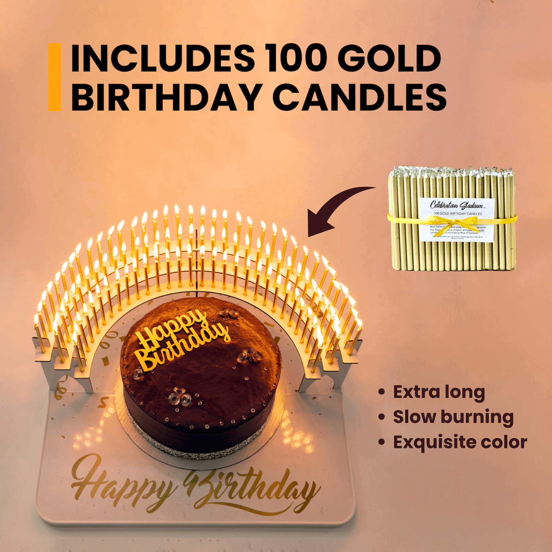 Includes 100 extra-length, slow-burning, gold birthday candles.