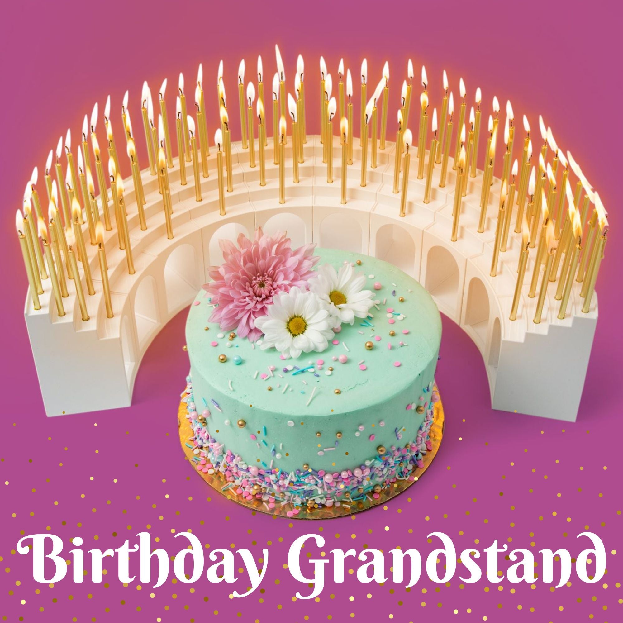 "Birthday Grandstand" Modular Birthday Candle Holder for 10 to 110 candles, includes 100 gold candles