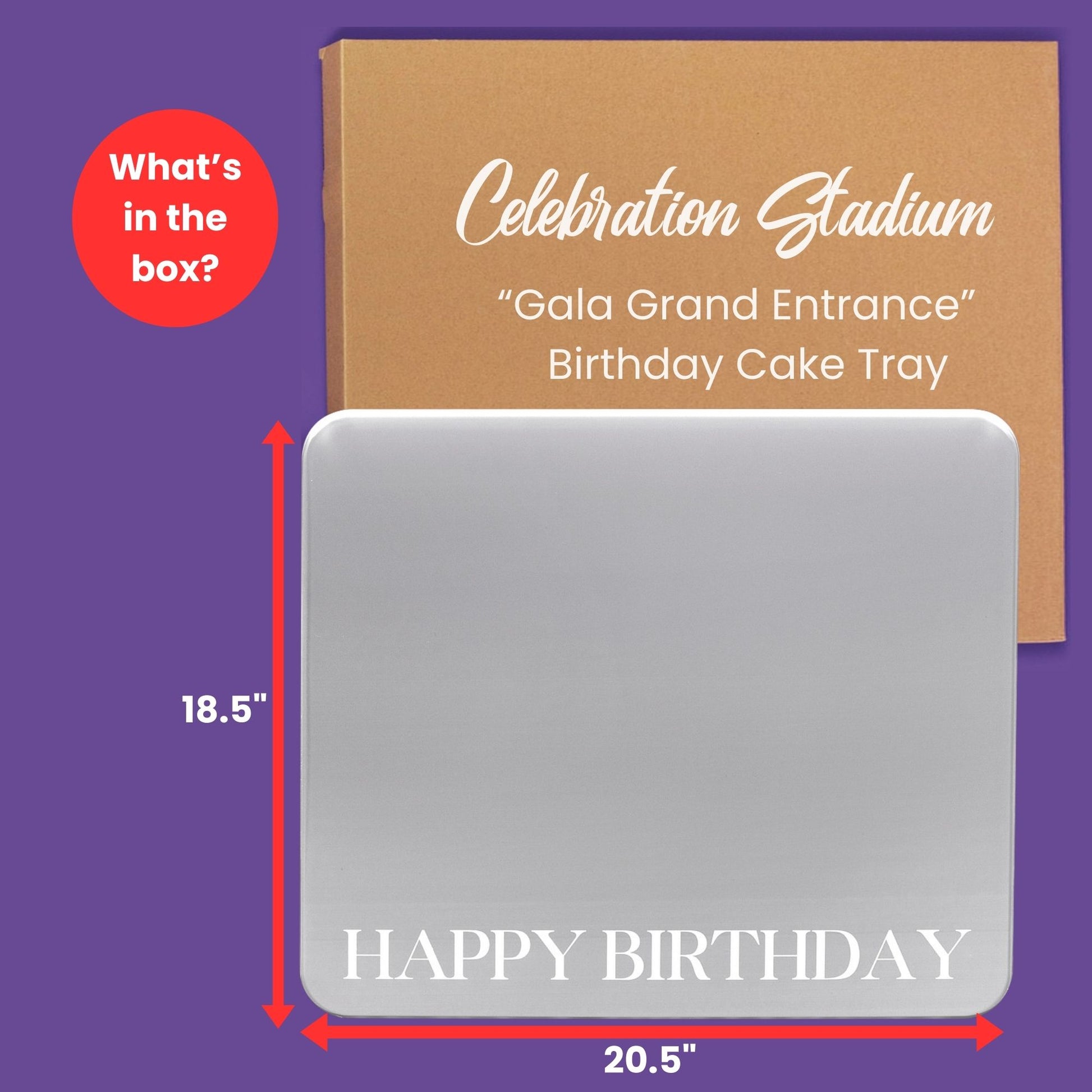 The Grand Entrance Tray measures 20.5 inches wide by 18.5 inches deep.  It comes fully assembled and ready for the party.  Reusable for years of celebrations.
