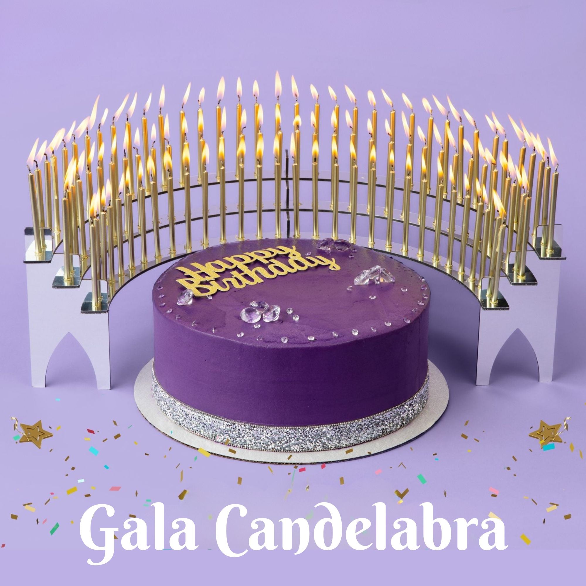 Silver Mirror Gala Birthday Candelabra  with 100 gold  birthday candles.  Makes  it an unforgettable celebration with great photos and videos.
