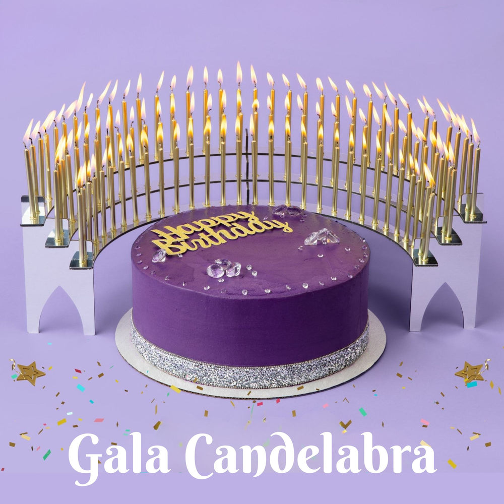 Silver Mirror Gala Birthday Candelabra  with 100 gold  birthday candles.  Makes  it an unforgettable celebration with great photos and videos.