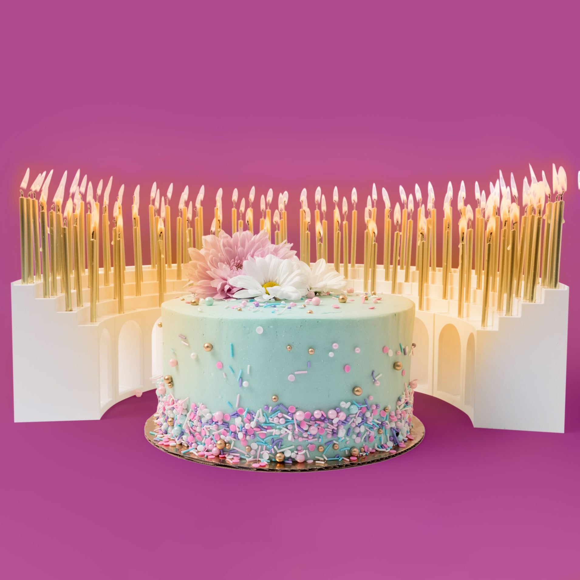 "Birthday Grandstand" Modular Birthday Candle Holder for 10 to 110 candles, includes 100 gold candles