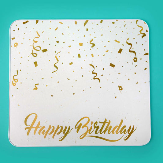Grand Entrance Tray, White with Gold Color "Happy Birthday" text and Gold Color Confetti Accent Design