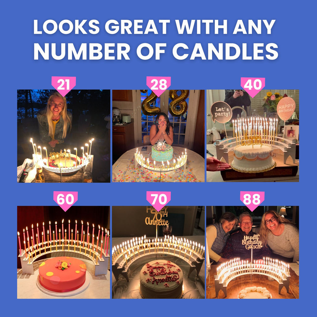 The Birthday Candelabra features 100 candle holes, but any number of candles will work and looks great.  Every birthday deserves a candle for every year!