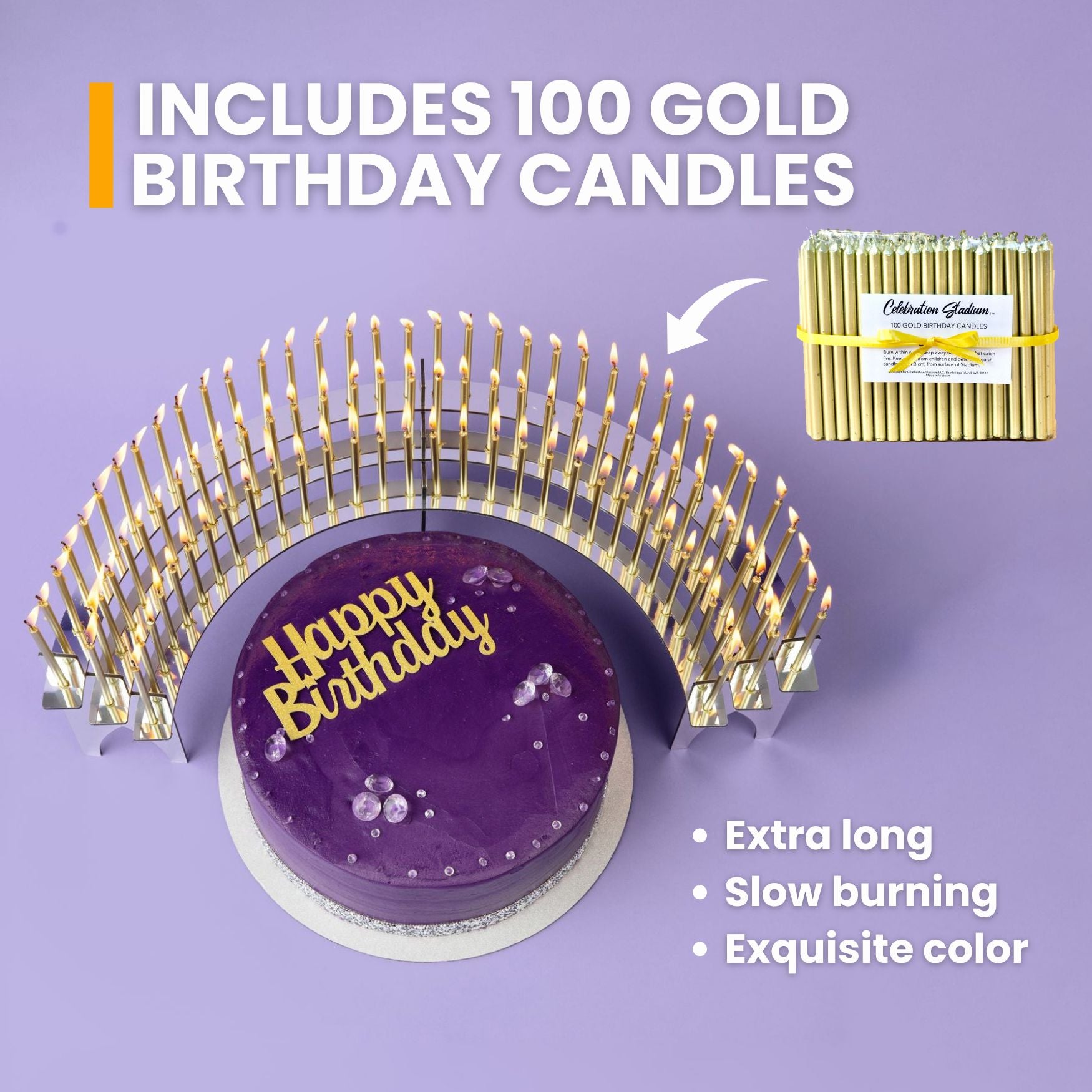 100 gold birthday candles, extra long, included with the Candelabra