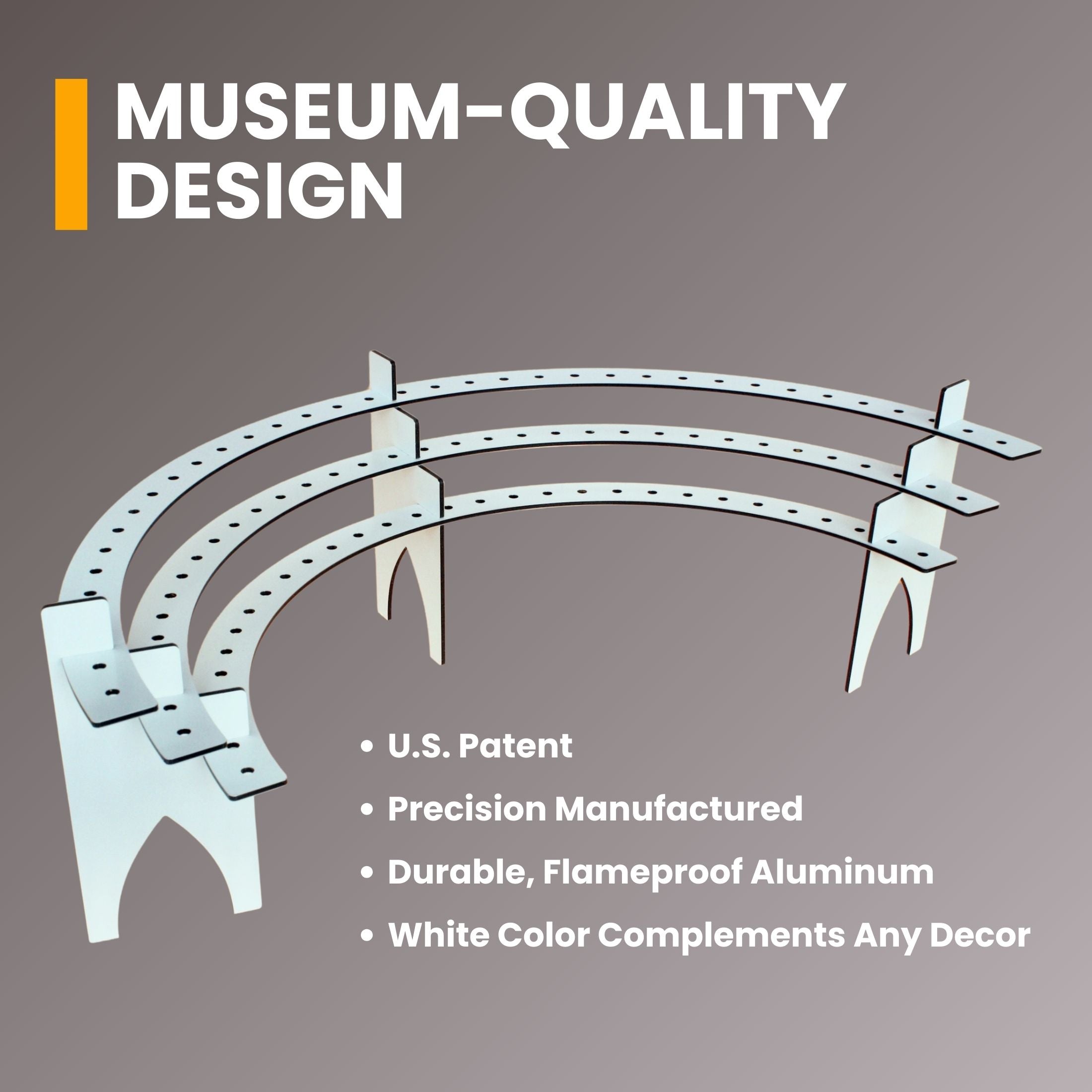 Museum-quality design. Celebration Stadium, Birthday Candle Holder, White Color.  U.S. patent.  Precision manufactured.  Durable, flameproof aluminum.  White color complements any decor.