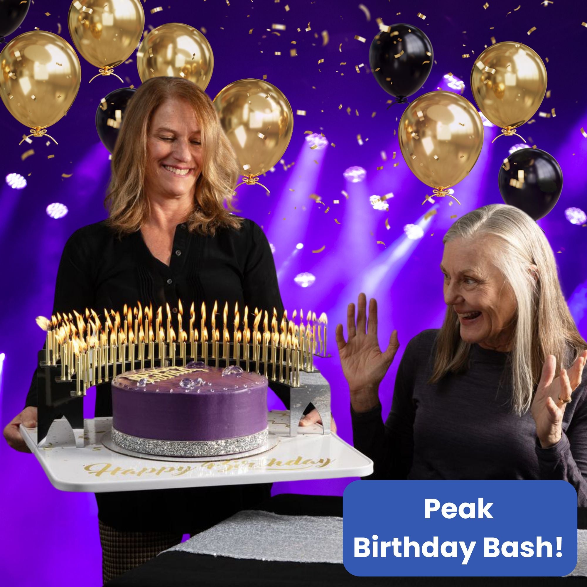 Hostess carrying Silver-mirror Birthday Candelabra with 100 lit gold candles on a Grand Entrance Tray