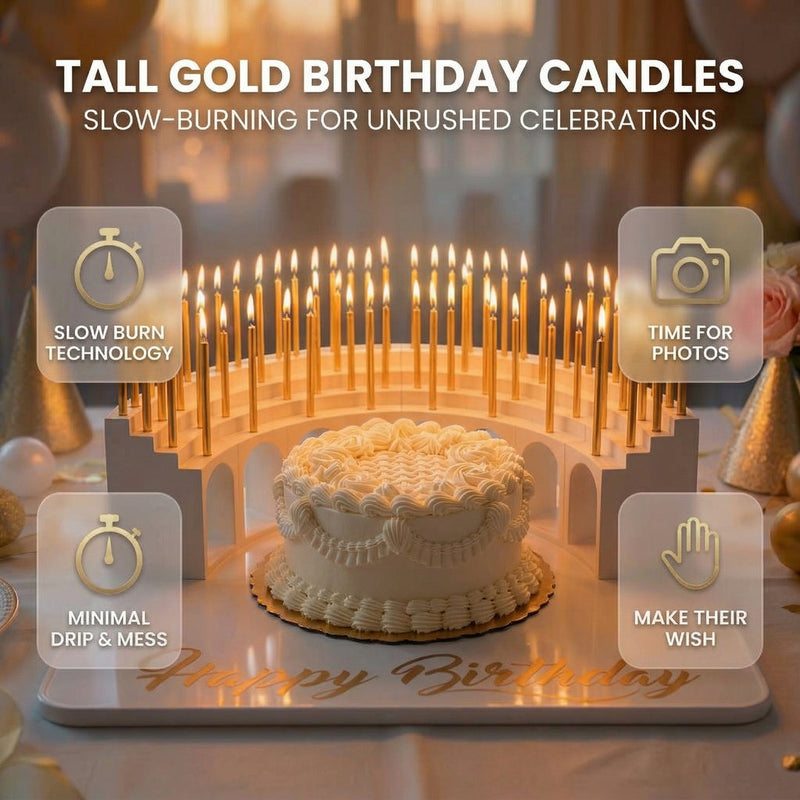 Tall Gold Birthday Candles That Give You Time To Sing, Take Photos & Let Them Make Their Wish Without Rushing