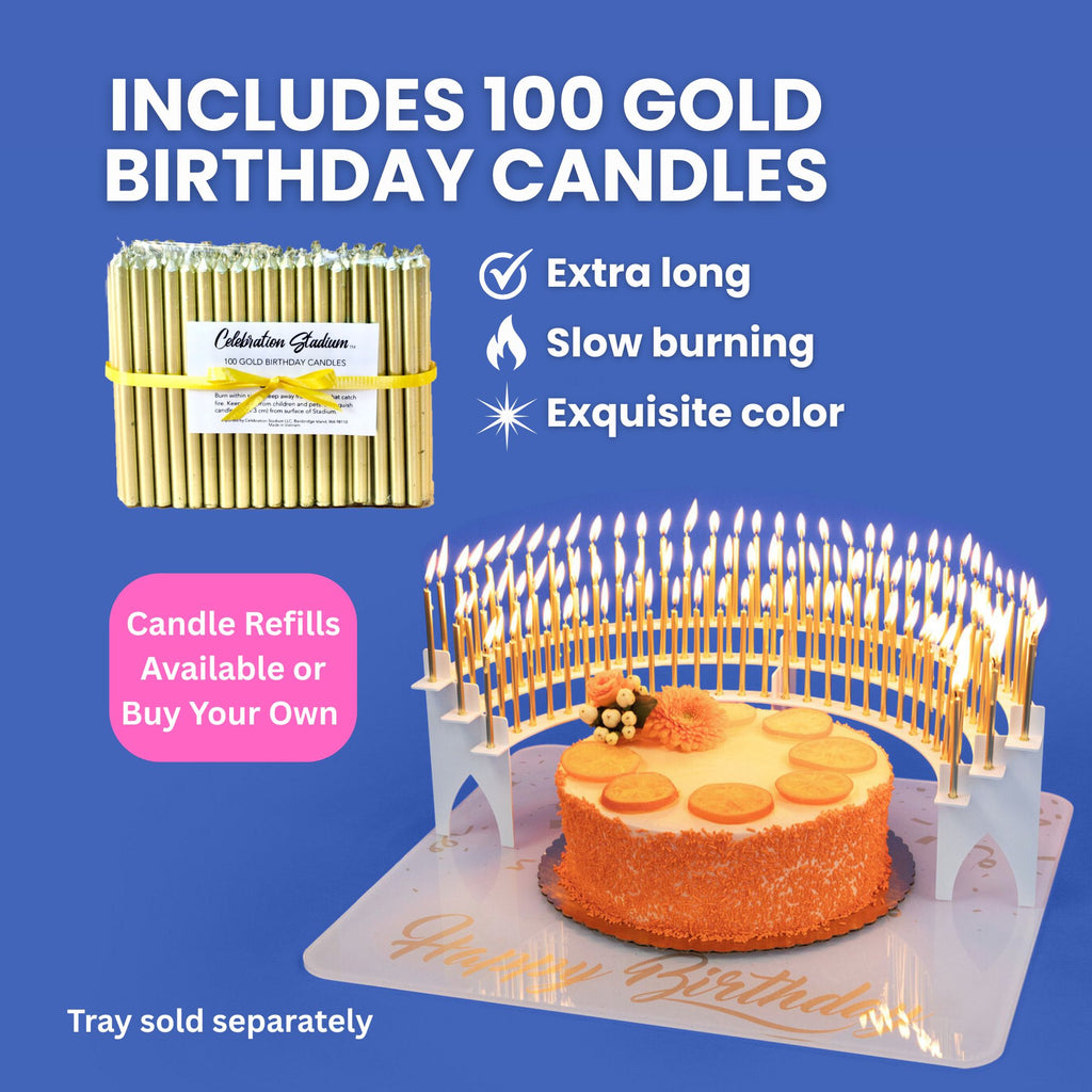 Includes 100 extra-length, slow-burning, gold birthday candles.
