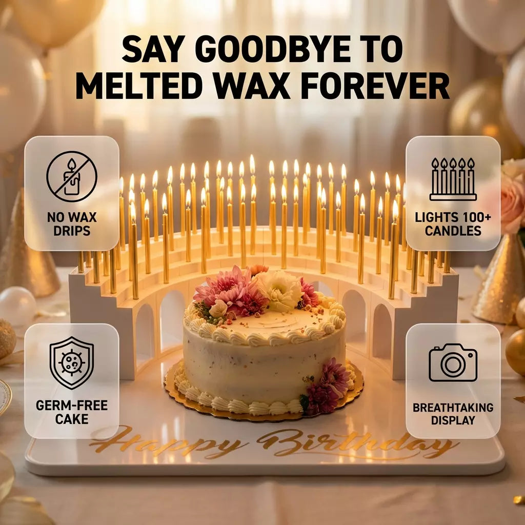 "Birthday Grandstand" Modular Birthday Candle Holder for 10 to 110 candles, includes 100 gold candles