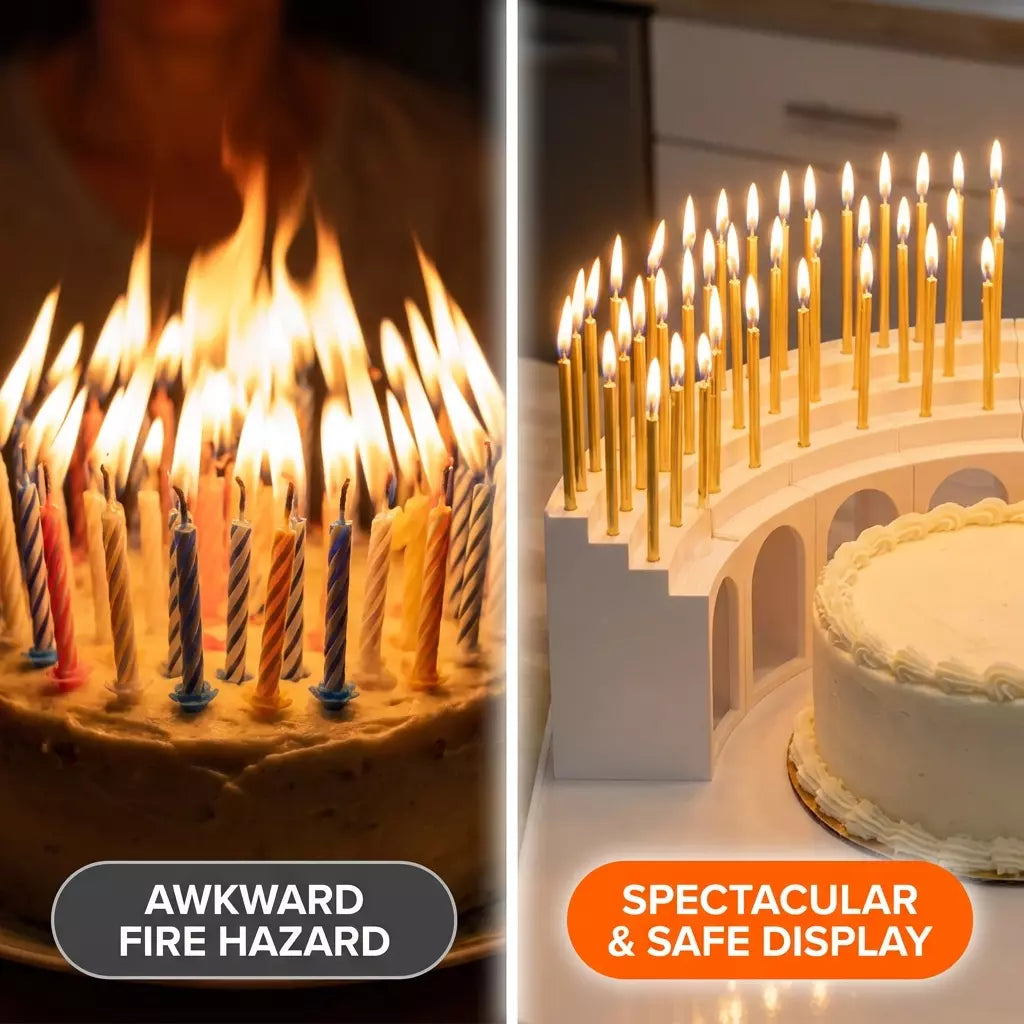 "Birthday Grandstand" Modular Birthday Candle Holder for 10 to 110 candles, includes 100 gold candles