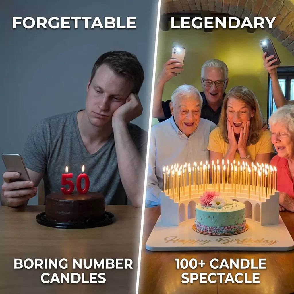 "Birthday Grandstand" Modular Birthday Candle Holder for 10 to 110 candles, includes 100 gold candles