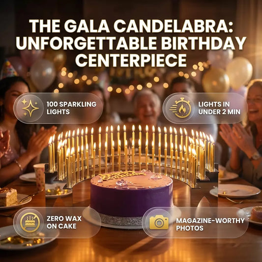 "Gala Candelabra" Silver-Mirror Birthday Candle Holder, includes 100 gold candles