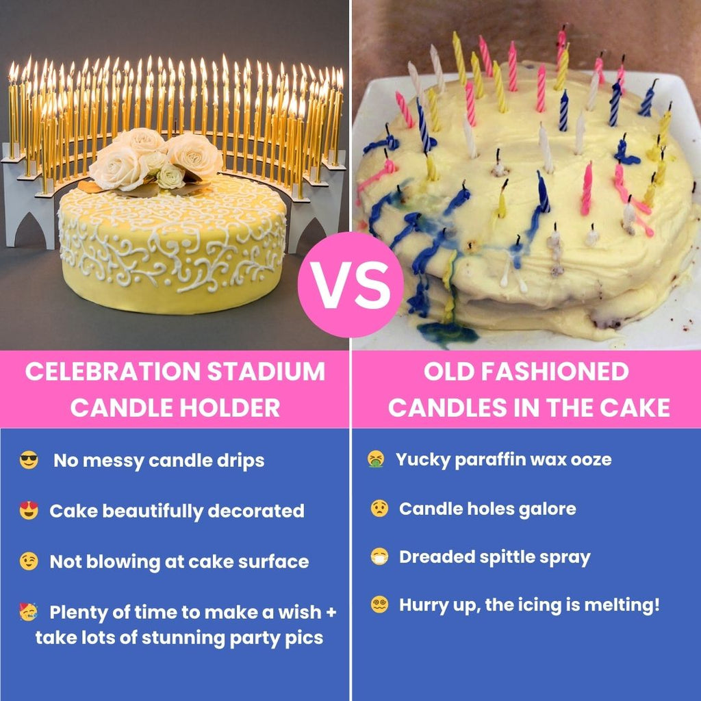 Elevate your birthday parties with a Celebration Stadium Candle Holder vs old fashioned plunging paraffin wax candles into a cake