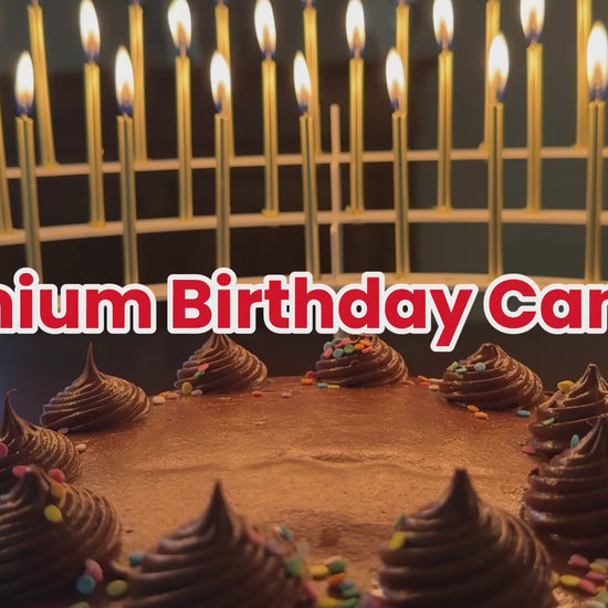 Video featuring our premium gold birthday candles,  a step above regular grocery store birthday candles:  extra long, slow burning, no wax drip and rich gold color.  In packs of 100 candles.
