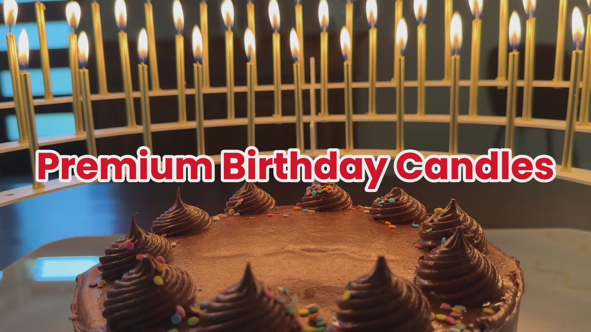 Video featuring our premium gold birthday candles,  a step above regular grocery store birthday candles:  extra long, slow burning, no wax drip and rich gold color.  In packs of 100 candles.
