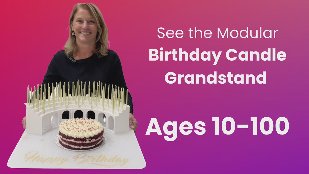 Video to show how the modular Birthday Candle Grandstand can be set up for any number of candles for ages 10 to 100